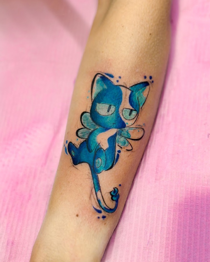 Tatouage fleurs de cerisier en couleur, aquarelle, Phanpy Ink